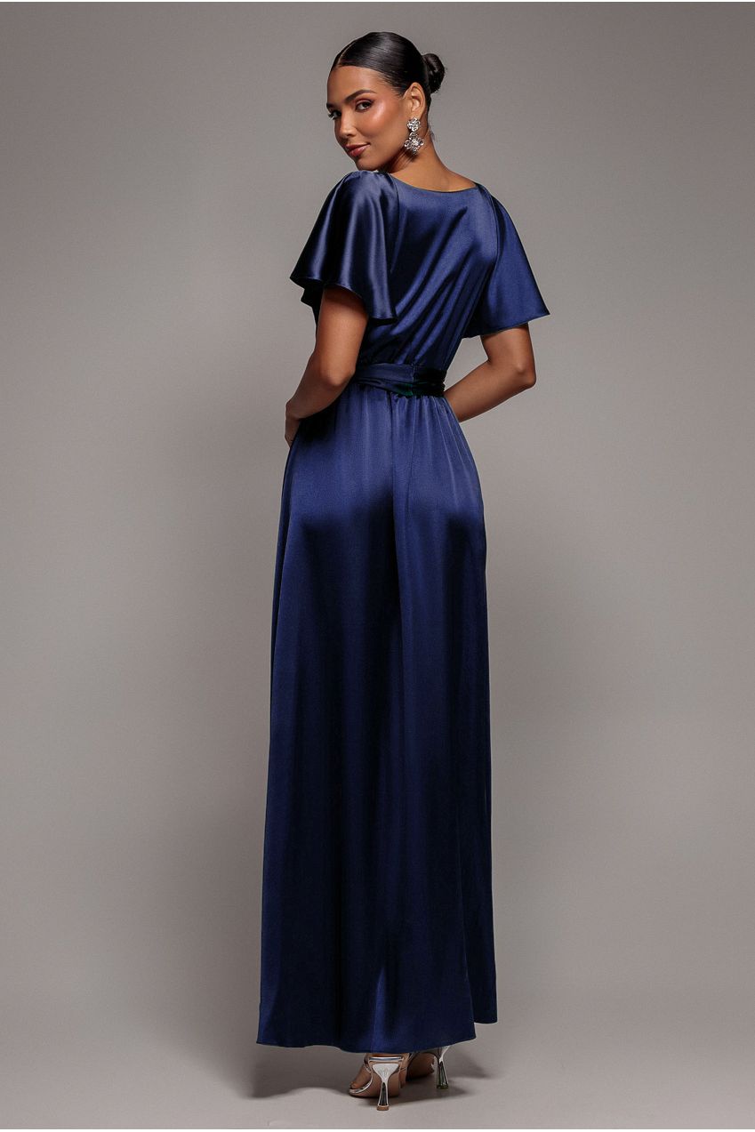 Satin Flutter Sleeve Wrap Maxi Dress - Navy Blue DR3640