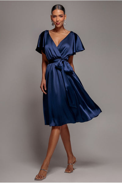 Navy - Satin Flutter Sleeve Wrap Midi Dress - Navy Blue by Goddiva