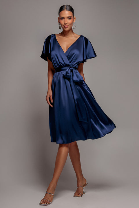 Satin Flutter Sleeve Wrap Midi Dress - Navy Blue by Goddiva