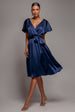 Satin Flutter Sleeve Wrap Midi Dress - Navy Blue by Goddiva