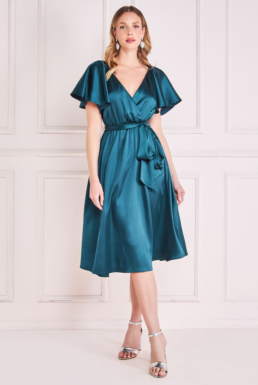 Flutter Sleeve With Elastic Midi Dress - Emerald Green DR3641