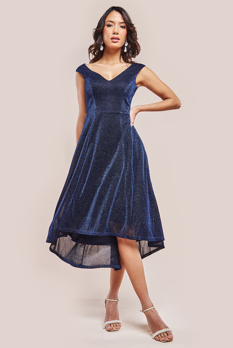 Off The Shoulder Lurex High Low Dress - Navy by Goddiva