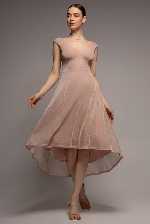 Off The Shoulder Lurex High Low Dress - Nude by Goddiva