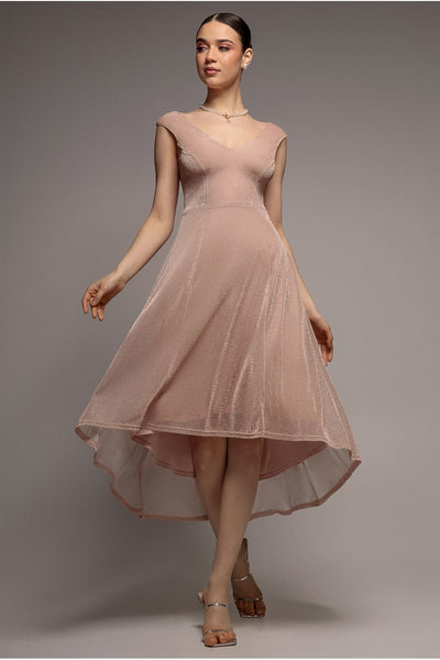 Off The Shoulder Lurex High Low Dress - Nude by Goddiva