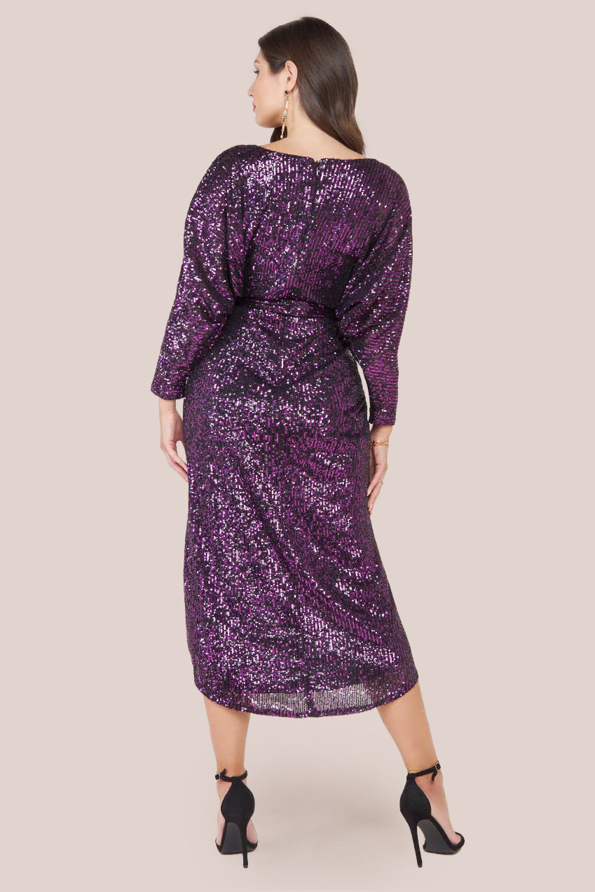 Wrap Style Sequin Midi Dress - Purple DR3644