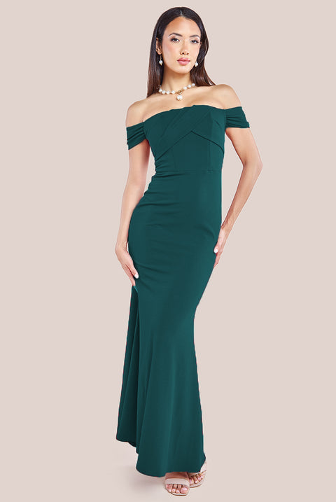 Pleated Bardot Scuba Maxi Dress - Emerald Green by Goddiva