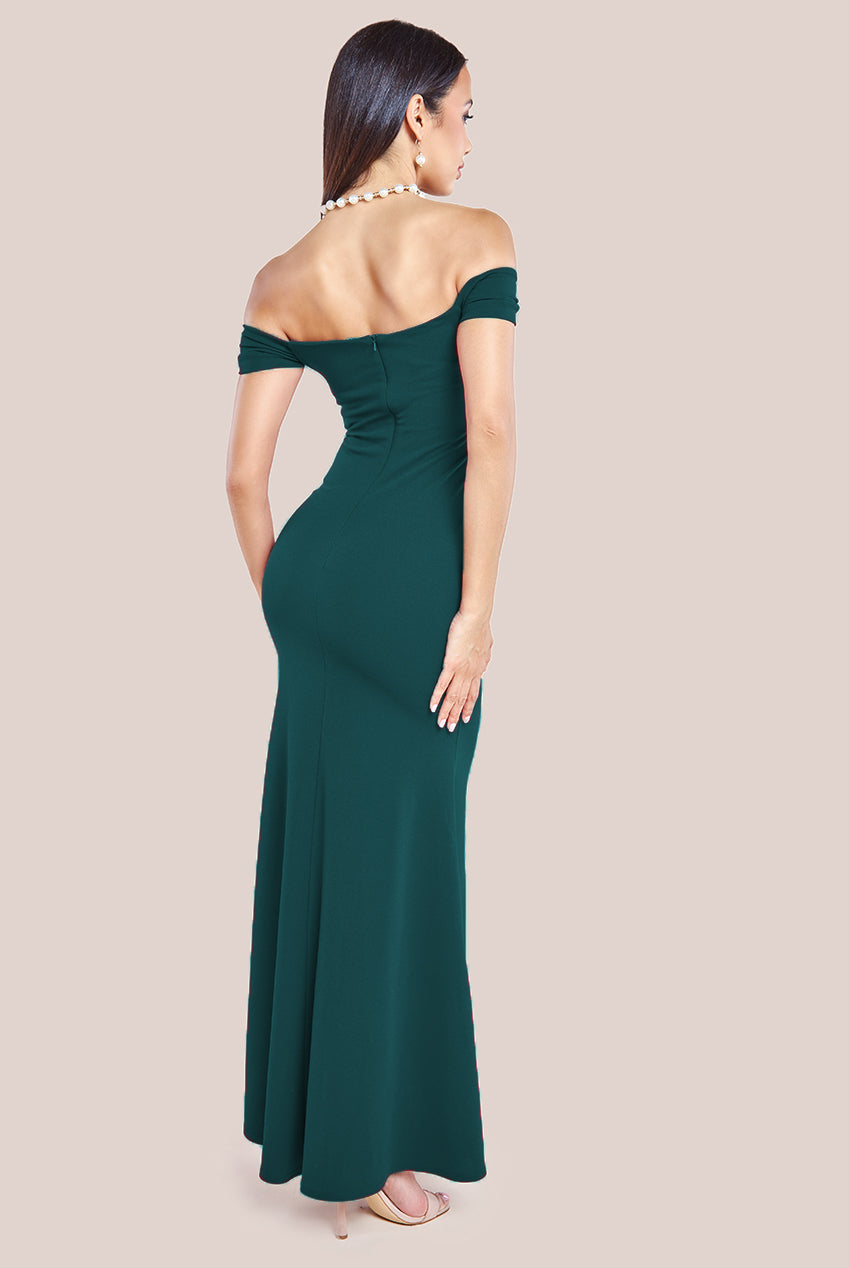 Pleated Bardot Scuba Maxi Dress - Emerald Green DR3648