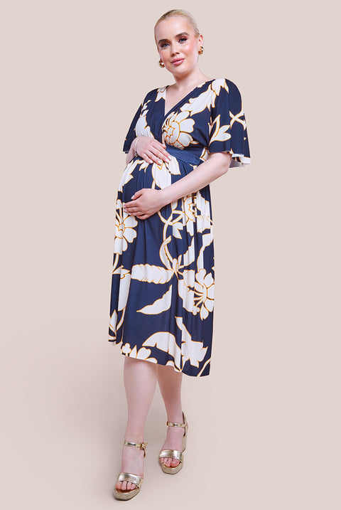 Maternity Leaf Print Flutter Sleeve Midi Dress - Navy DR3651MAT