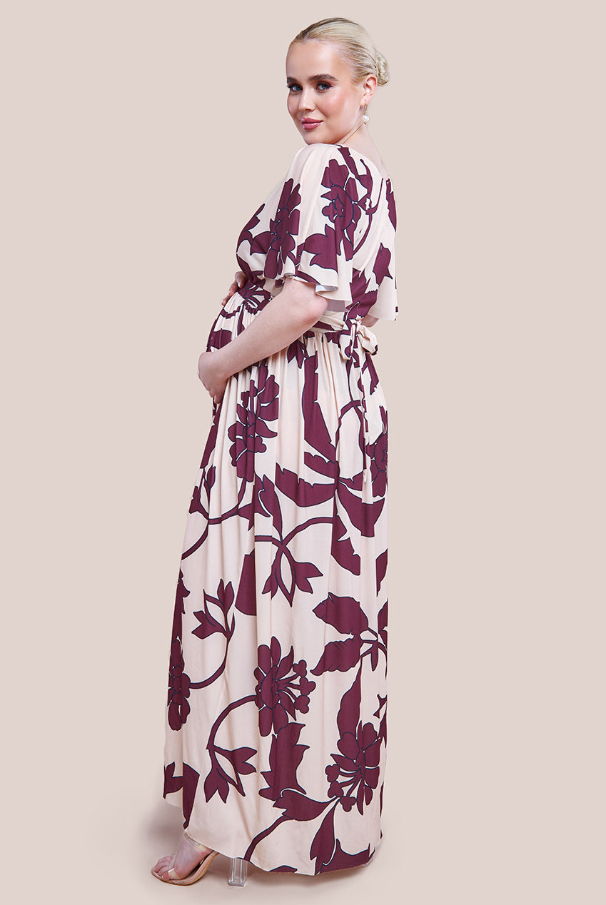 Maternity Leaf Print Flutter Sleeve Maxi Dress - Cream DR3652MAT
