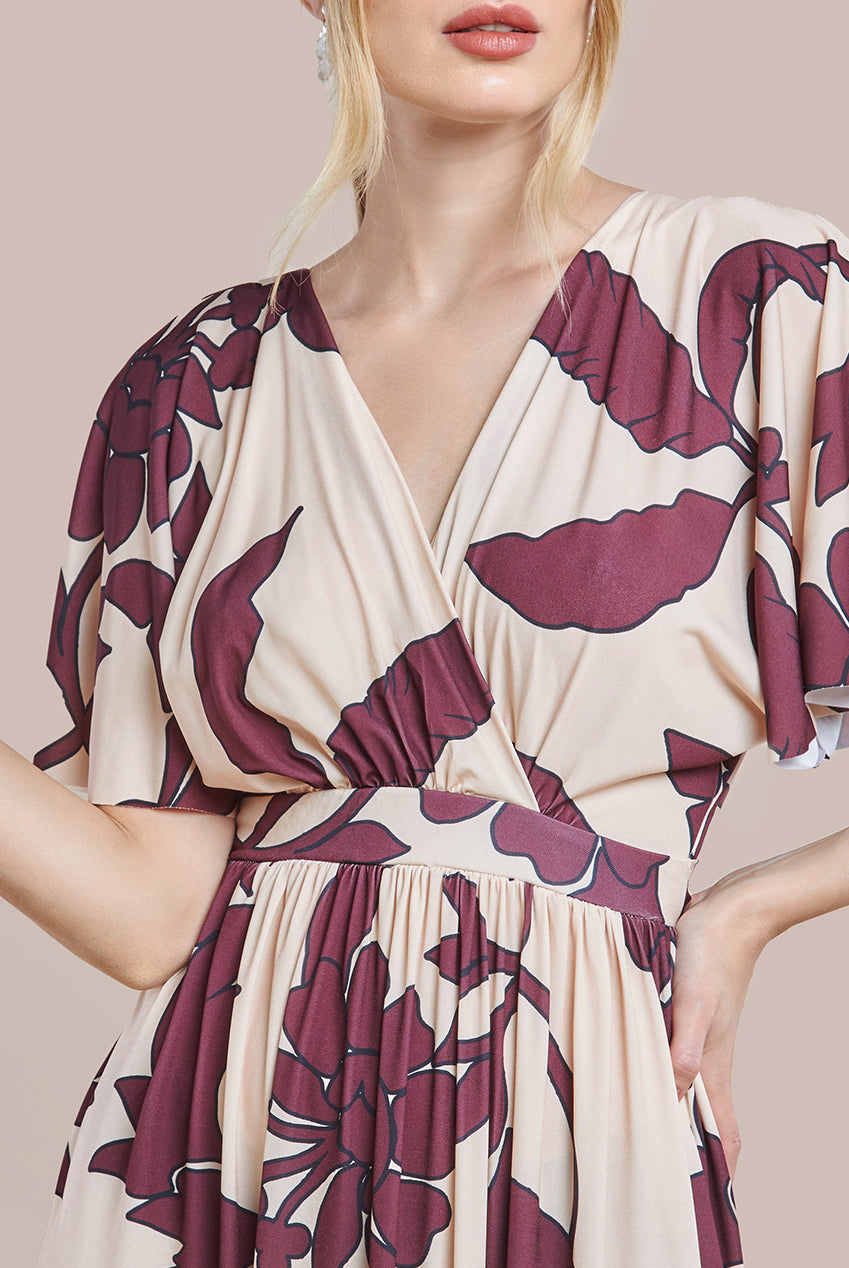 Leaf Print Flutter Sleeve Maxi Dress - Cream DR3652