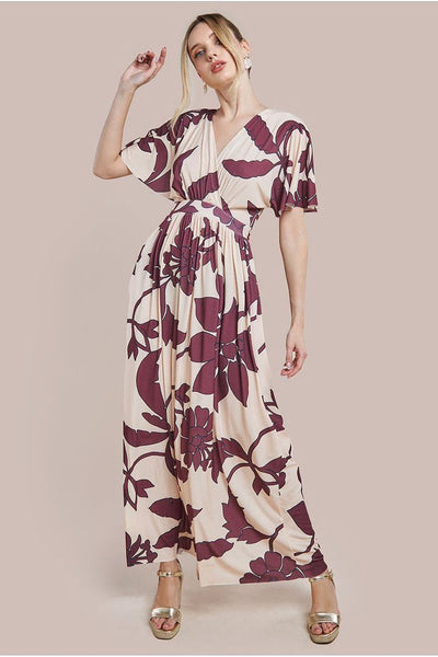 Cream - Leaf Print Flutter Sleeve Maxi Dress - Cream by Goddiva
