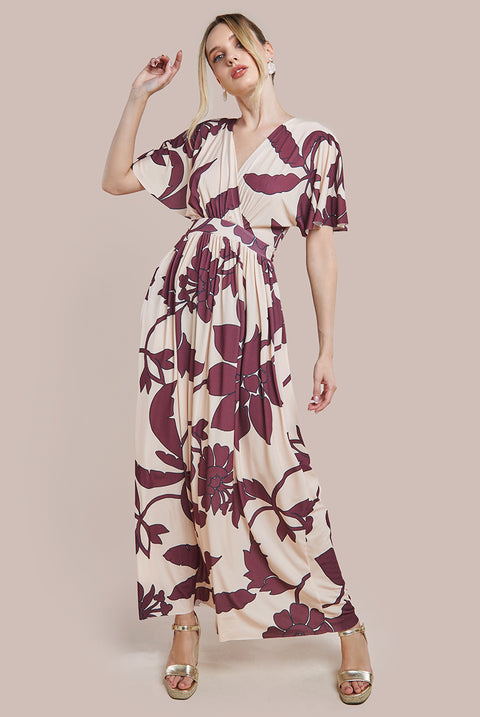 Leaf Print Flutter Sleeve Maxi Dress - Cream DR3652