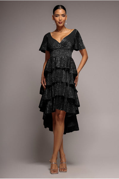 Crinkle Lurex High Low Layered Midi Dress - Black by Goddiva