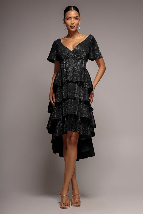 Crinkle Lurex High Low Layered Midi Dress - Black by Goddiva