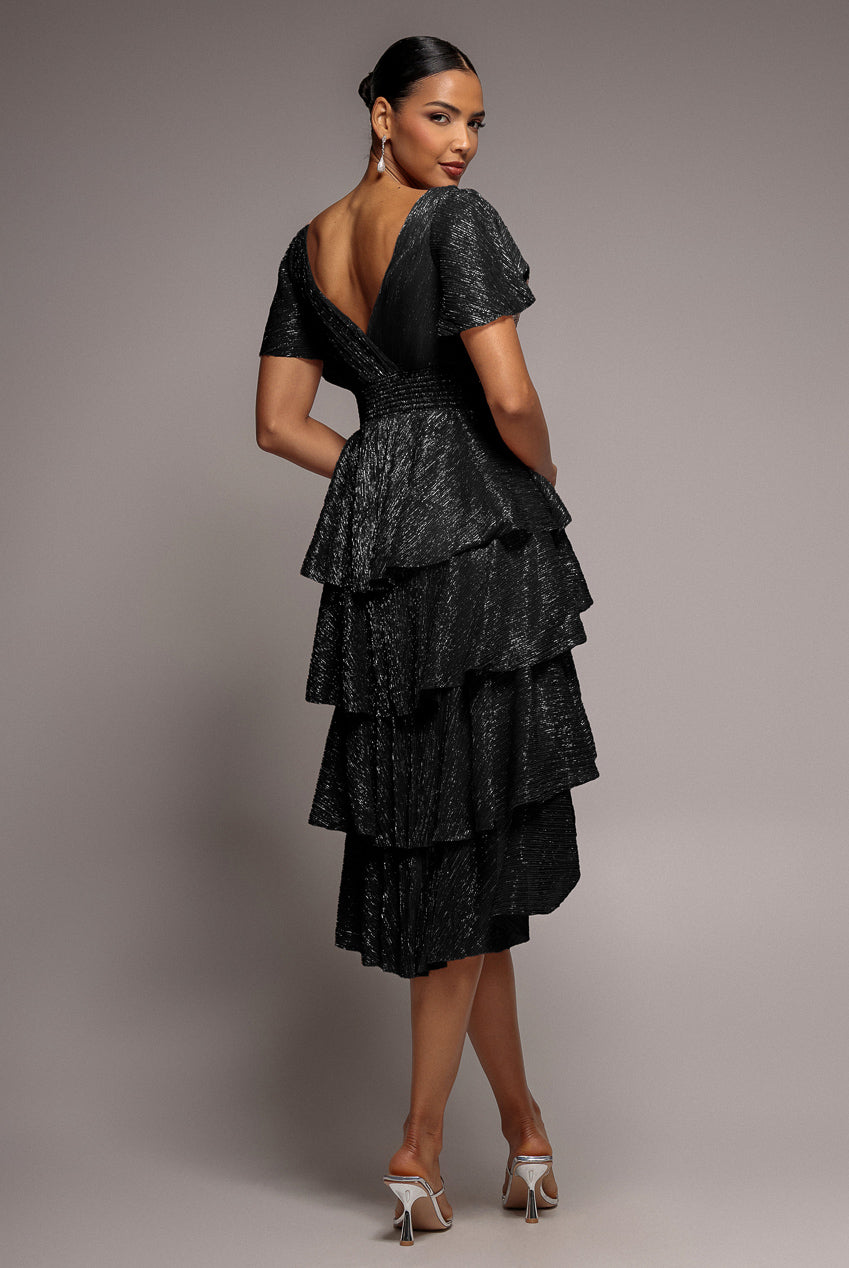Crinkle Lurex High Low Layered Midi Dress - Black DR3655