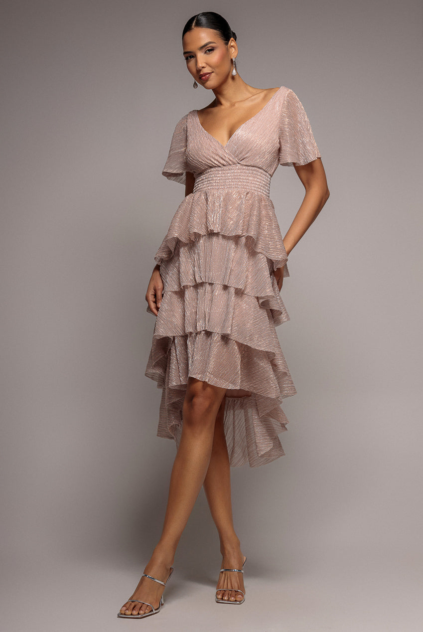 Crinkle Lurex High Low Layered Midi Dress - Blush DR3655