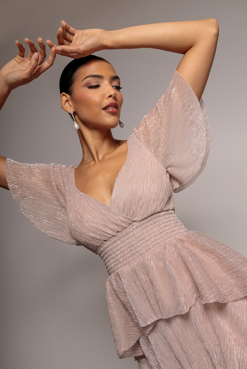 Crinkle Lurex High Low Layered Midi Dress - Blush DR3655