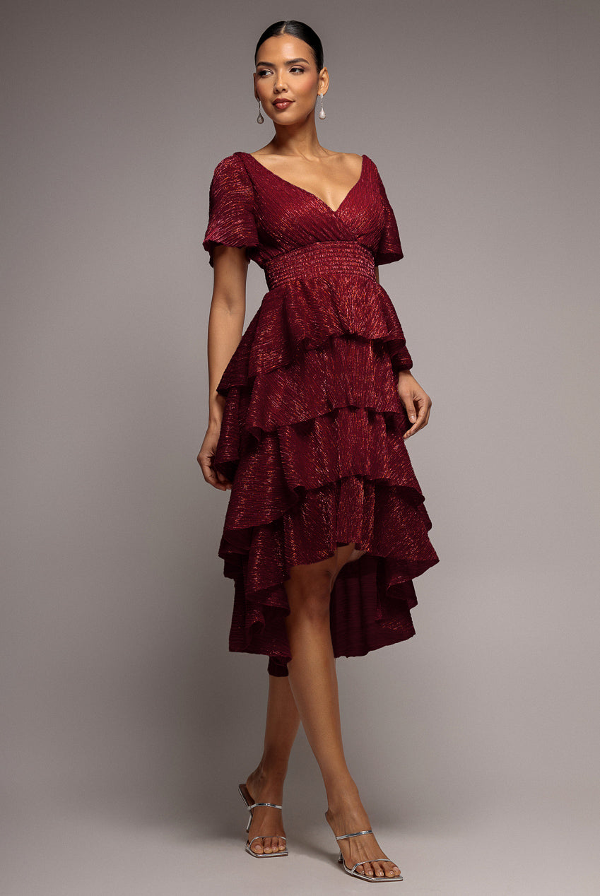 Crinkle Lurex High Low Layered Midi Dress - Wine DR3655