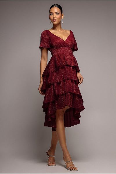 Crinkle Lurex High Low Layered Midi Dress - Wine by Goddiva