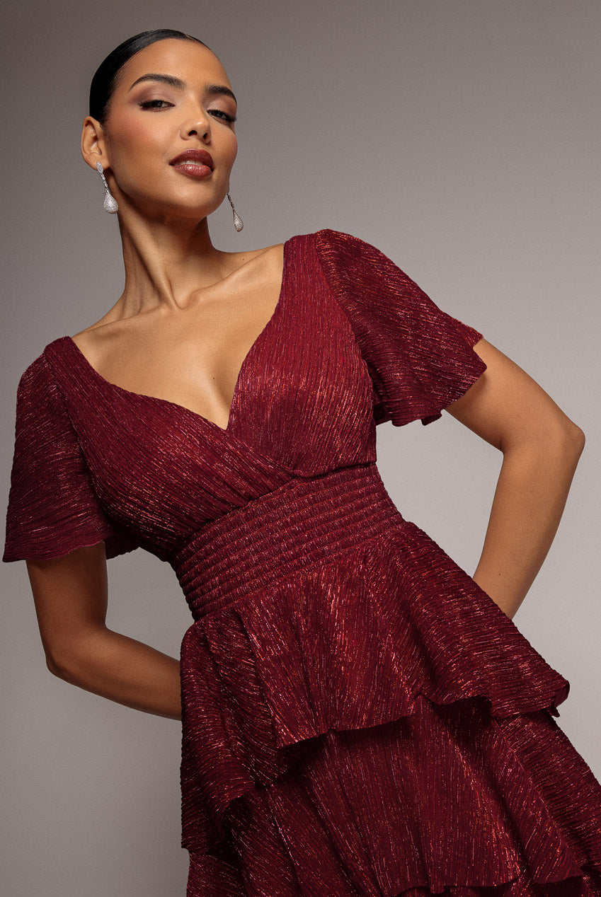 Crinkle Lurex High Low Layered Midi Dress - Wine DR3655