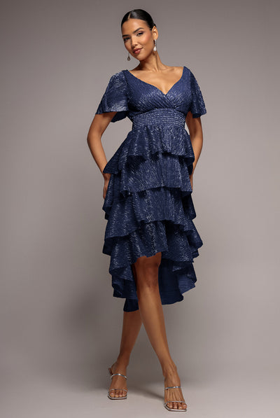 Navy - Crinkle Lurex High Low Layered Midi Dress - Navy by Goddiva