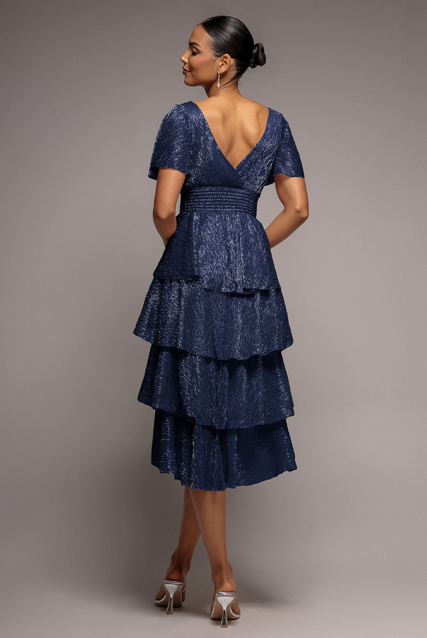 Crinkle Lurex High Low Layered Midi Dress - Navy DR3655