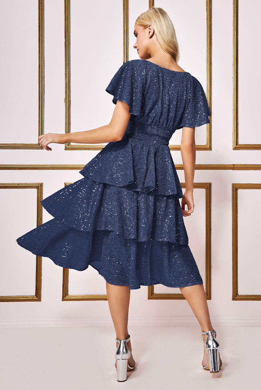 Sequin Lurex Tiered Midi Dress - Navy DR3656