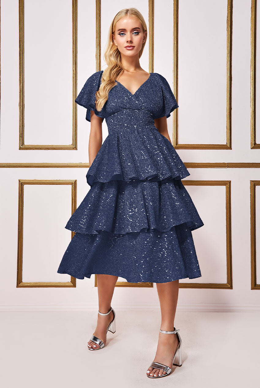 Sequin Lurex Tiered Midi Dress - Navy DR3656