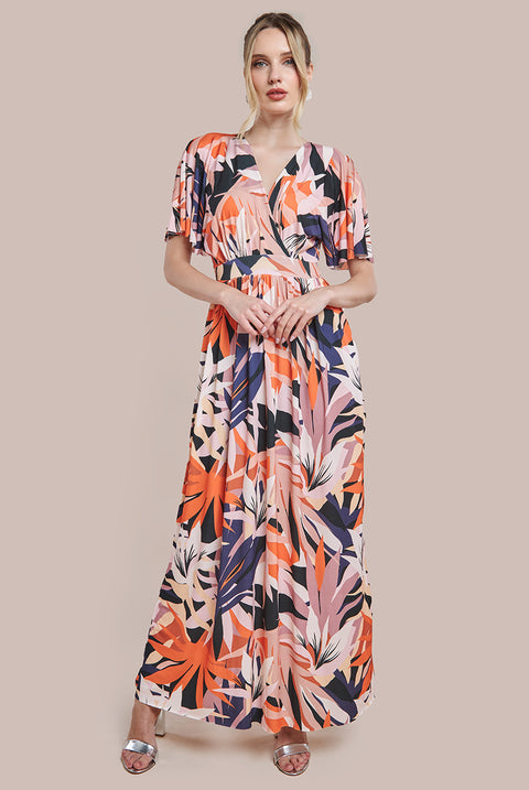 Floral Print Flutter Sleeve Maxi - Orange Print DR3659