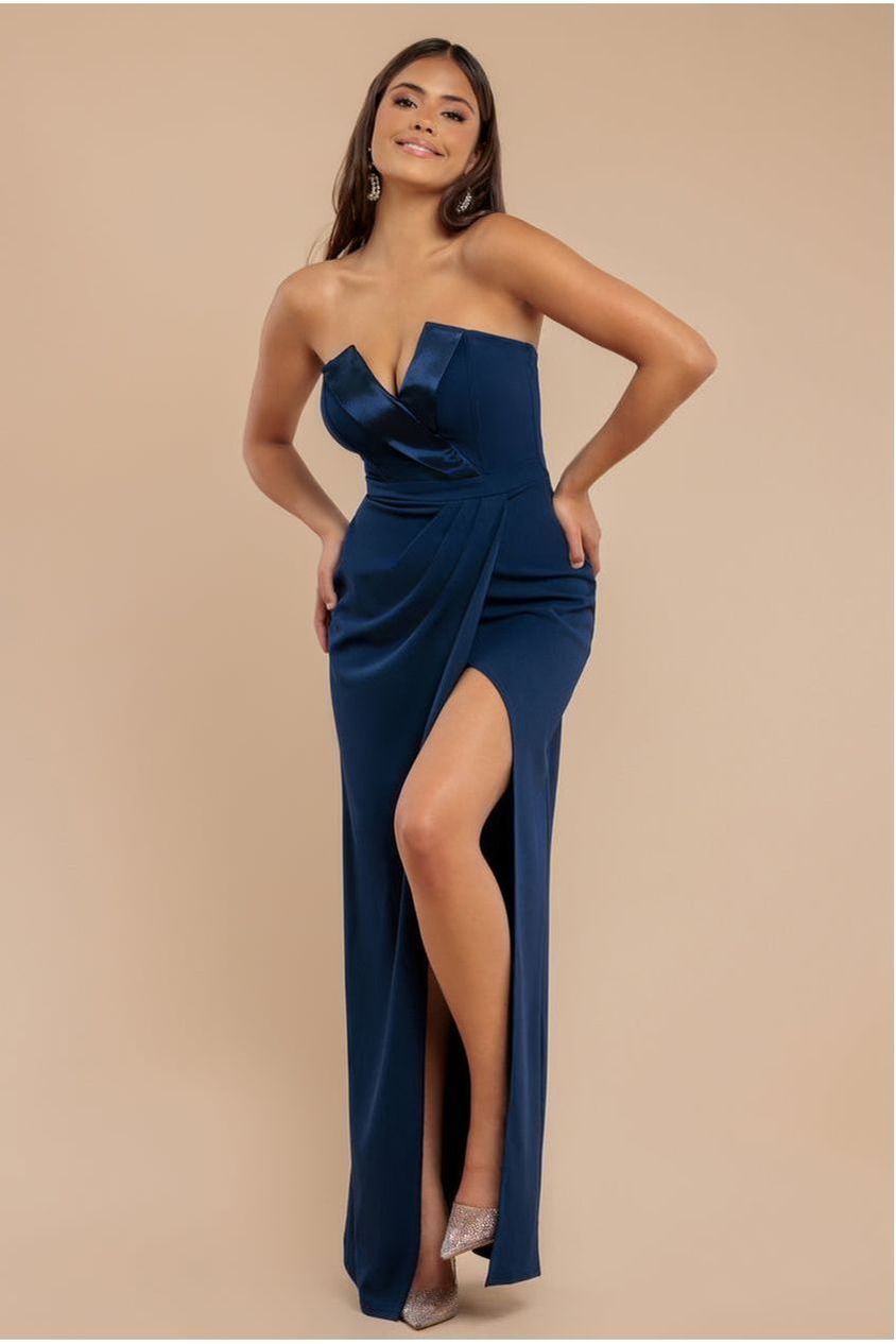 Satin & Scuba Maxi With Thigh Split - Navy DR3660