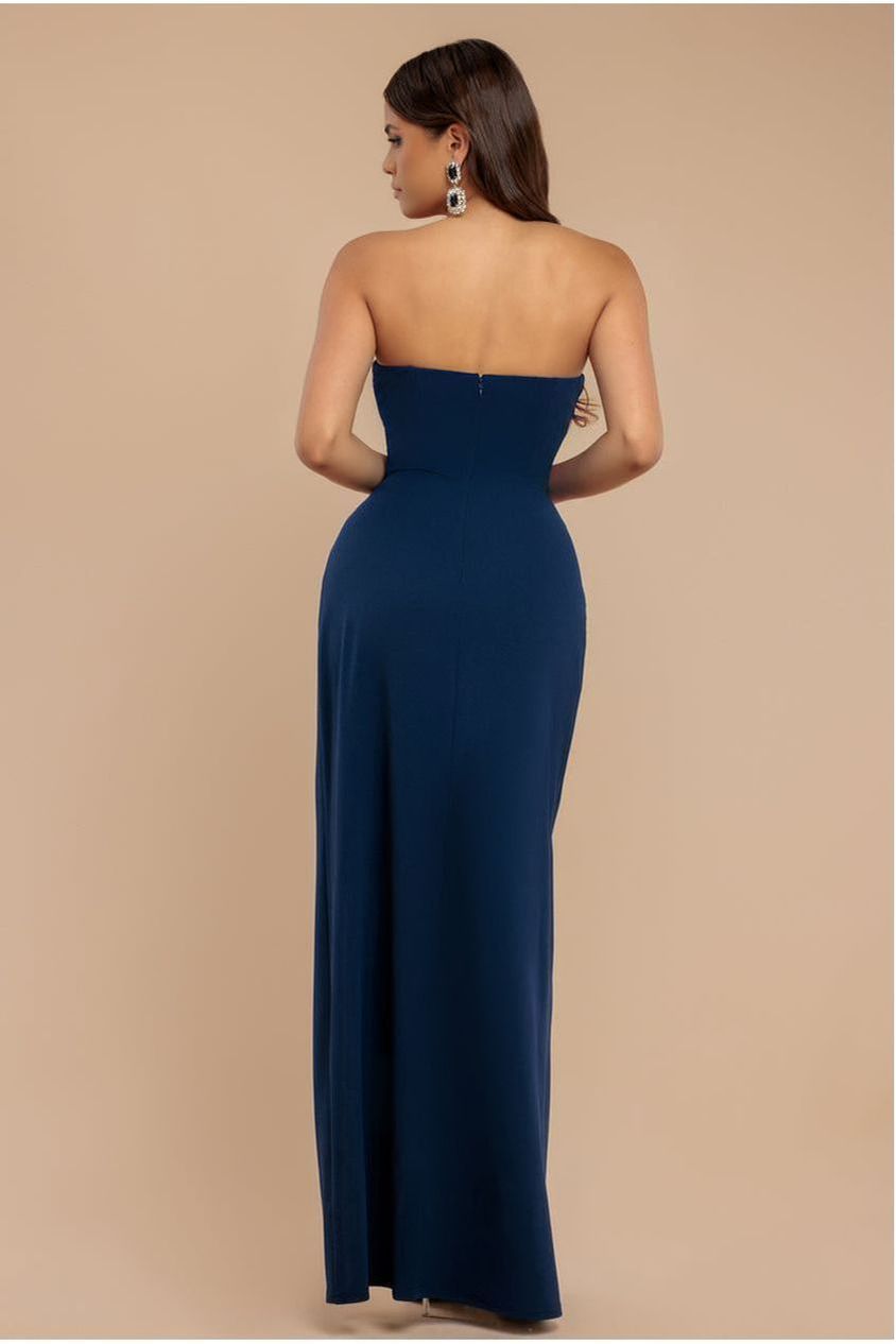 Satin & Scuba Maxi With Thigh Split - Navy DR3660