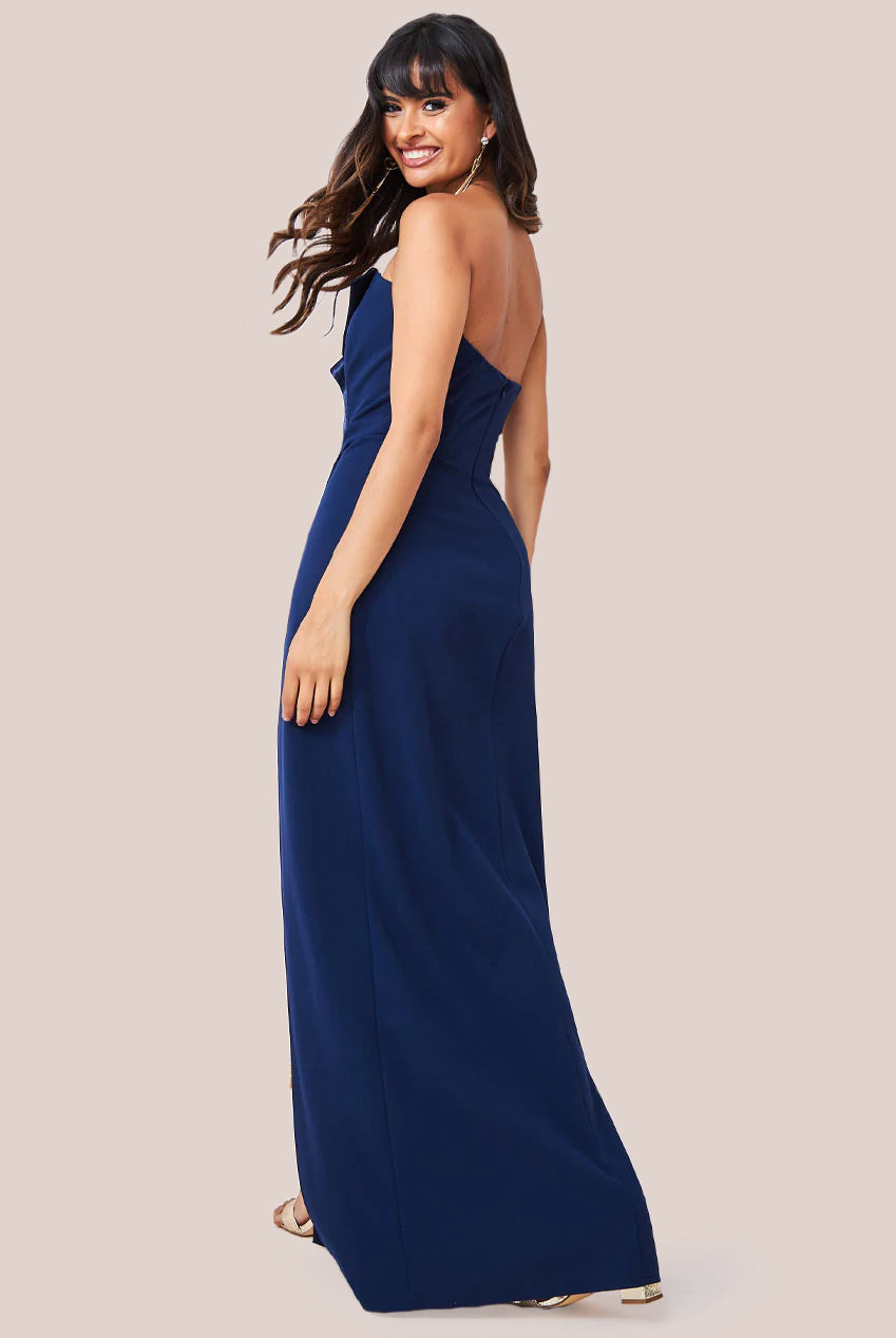 Satin & Scuba Maxi With Thigh Split - Navy DR3660