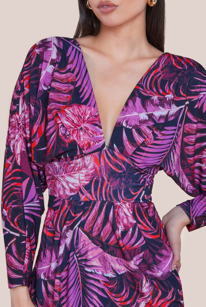 Tropical Print Midi With Batwing Sleeves - Purple DR3662