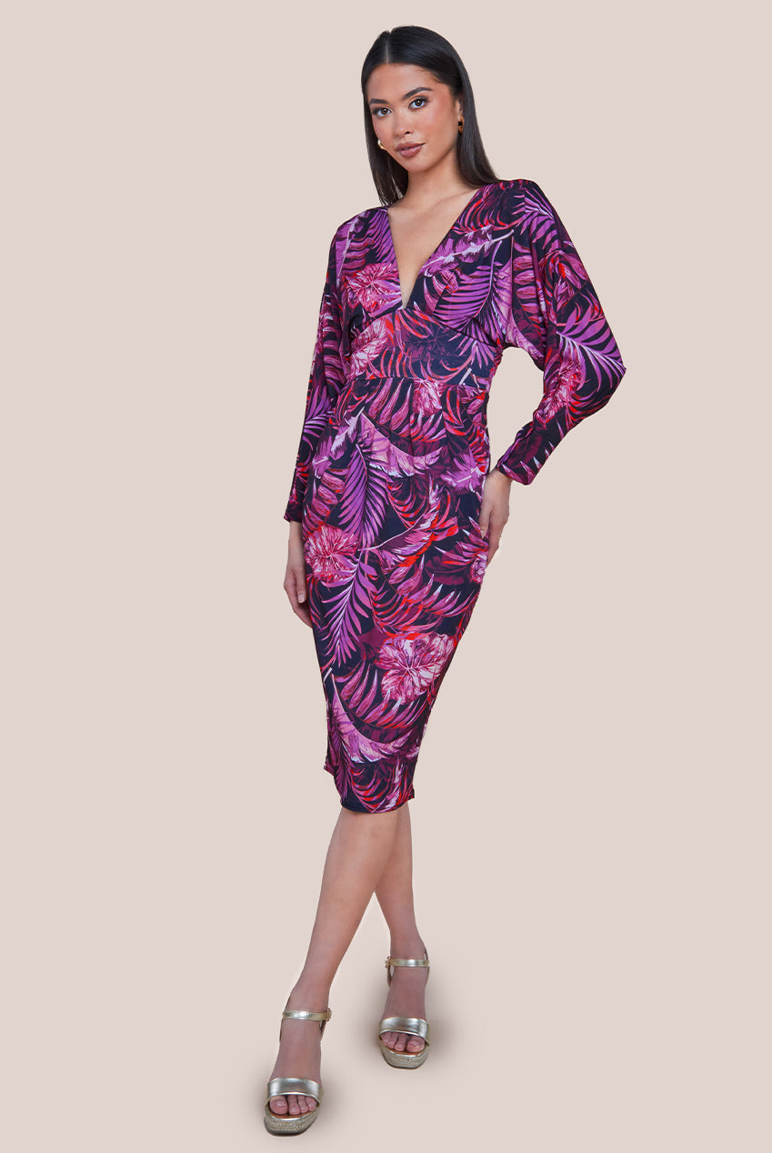 Tropical Print Midi With Batwing Sleeves - Purple DR3662