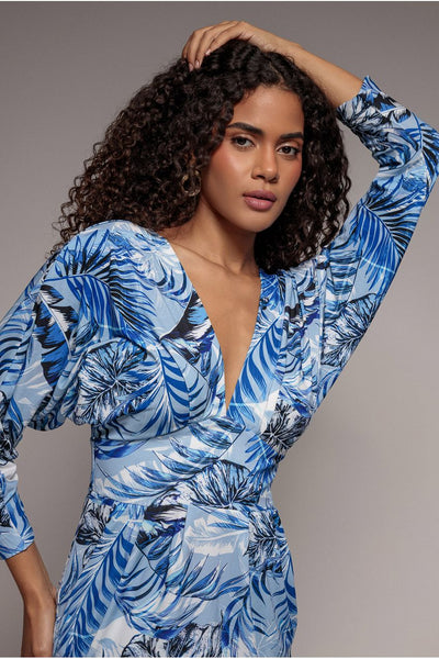Tropical Print Midi With Batwing Sleeves - Blue by Goddiva