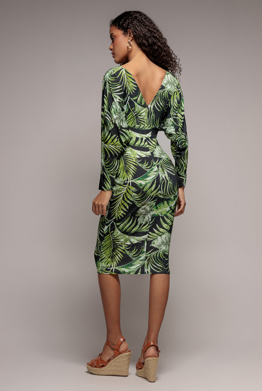 Tropical Print Midi With Batwing Sleeves - Green DR3662