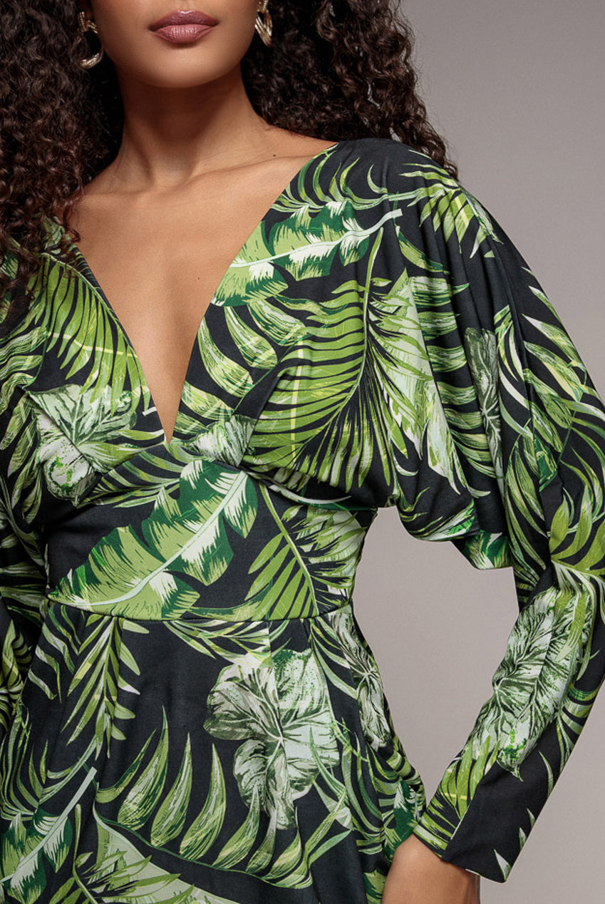 Tropical Print Midi With Batwing Sleeves - Green DR3662