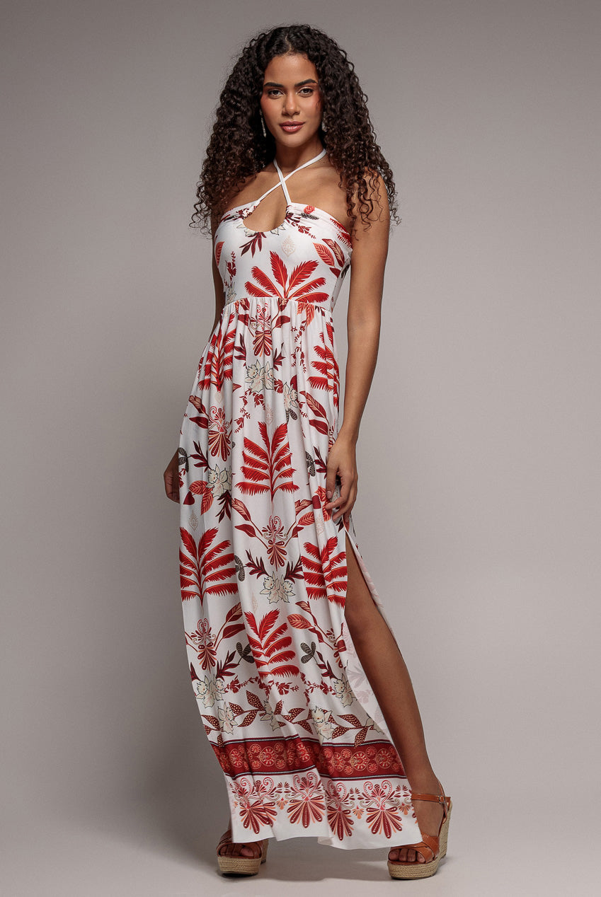 Printed Tie Back Maxi - Cream DR3663