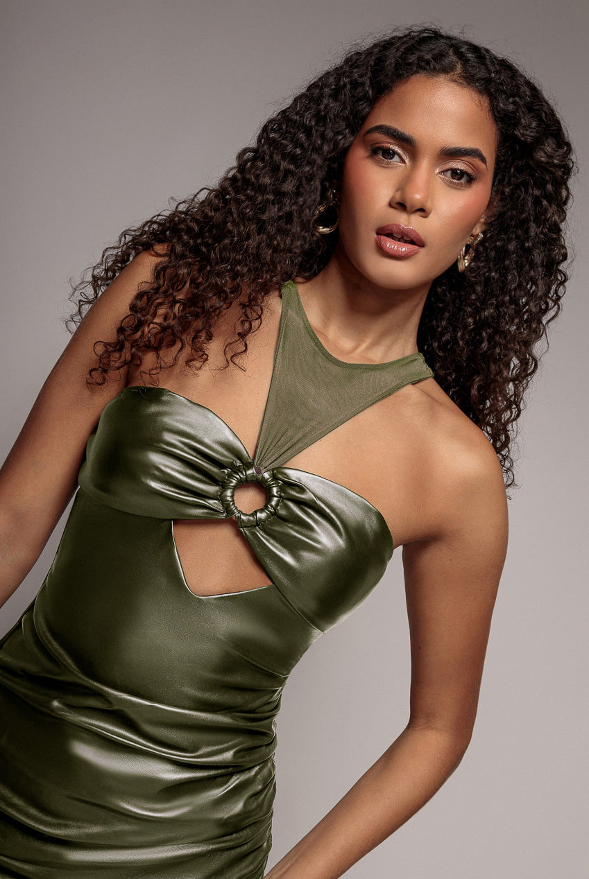 Cut Out Faux Leather Mini Dress - Khaki