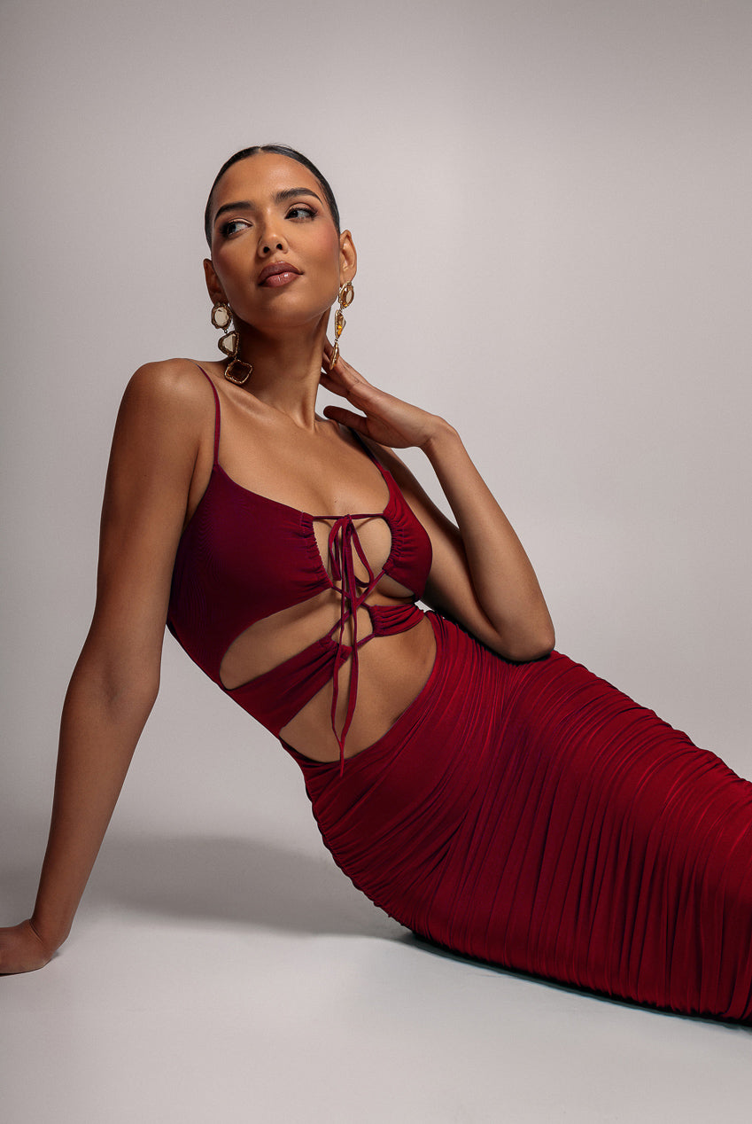 Cut Out Ruched Midi With Drawstring - Wine DR3665