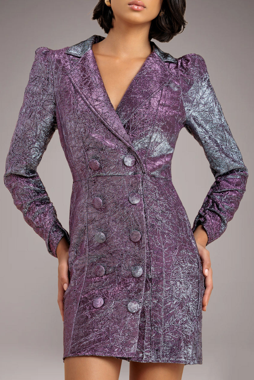 Iridescent Foil Print Blazer Mini Dress - Silver DR3669