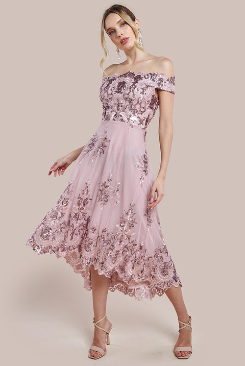 Bardot Sequin & Lace High Low Midi - Blush by Goddiva