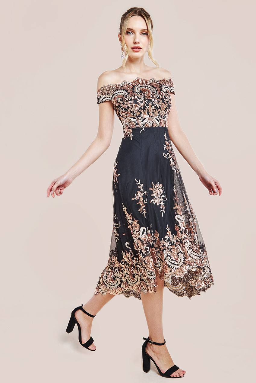 Bardot Sequin & Lace High Low Midi - Champagne DR3675