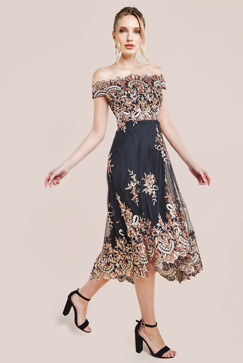 Goddiva Bardot Sequin & Lace High Low Midi - Champagne