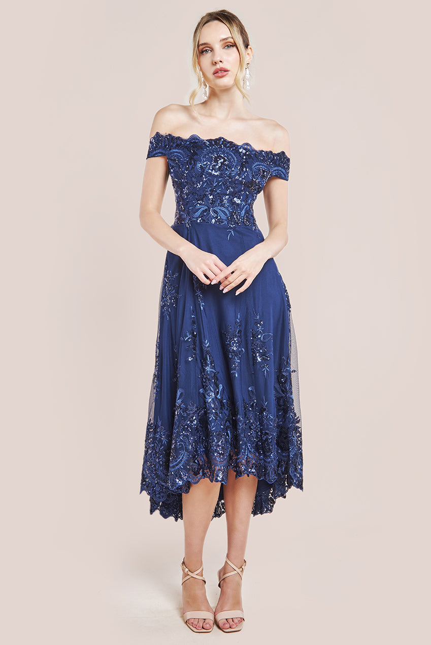 Bardot Sequin & Lace High Low Midi - Navy DR3675