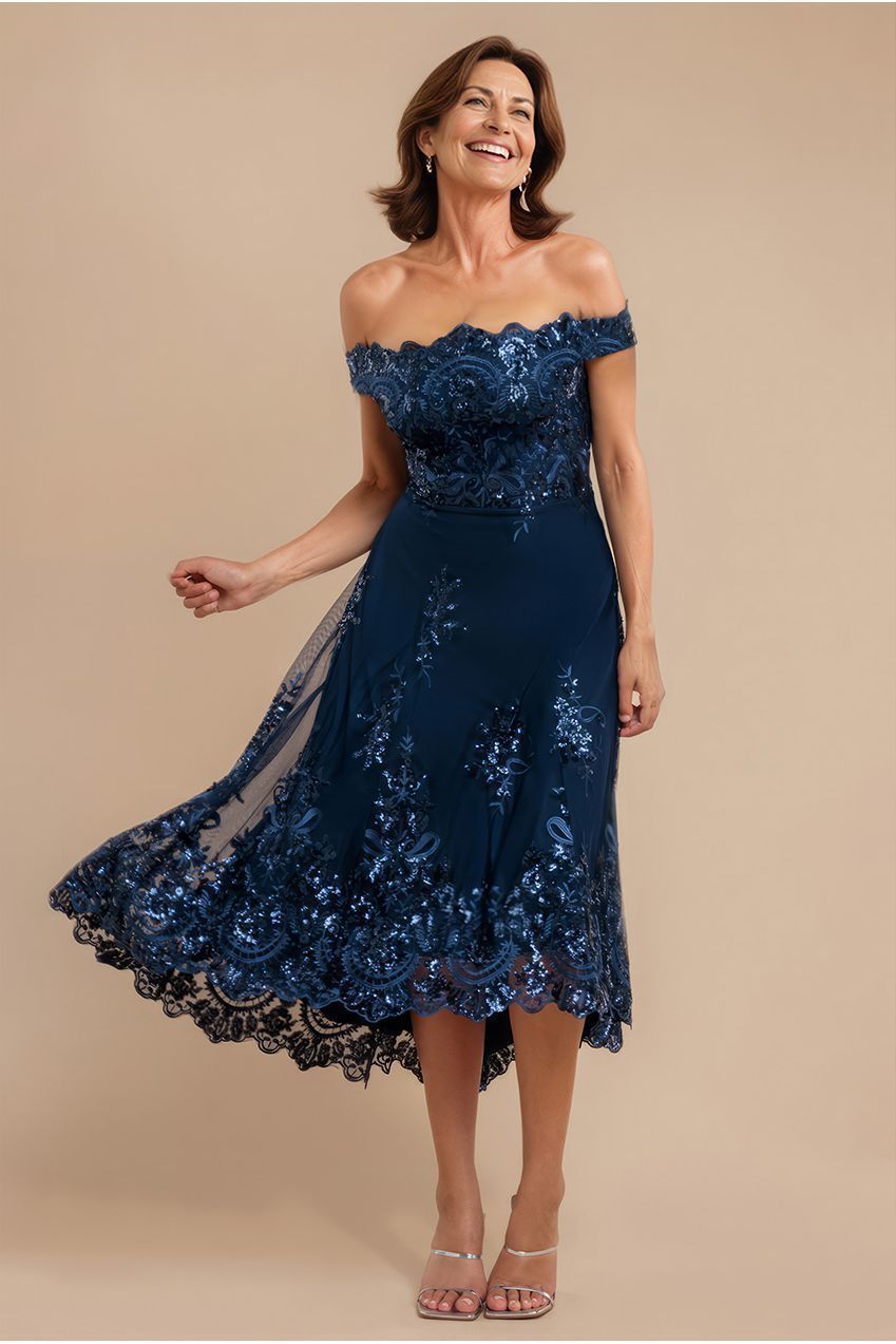 Bardot Sequin & Lace High Low Midi - Navy Blue DR3675M