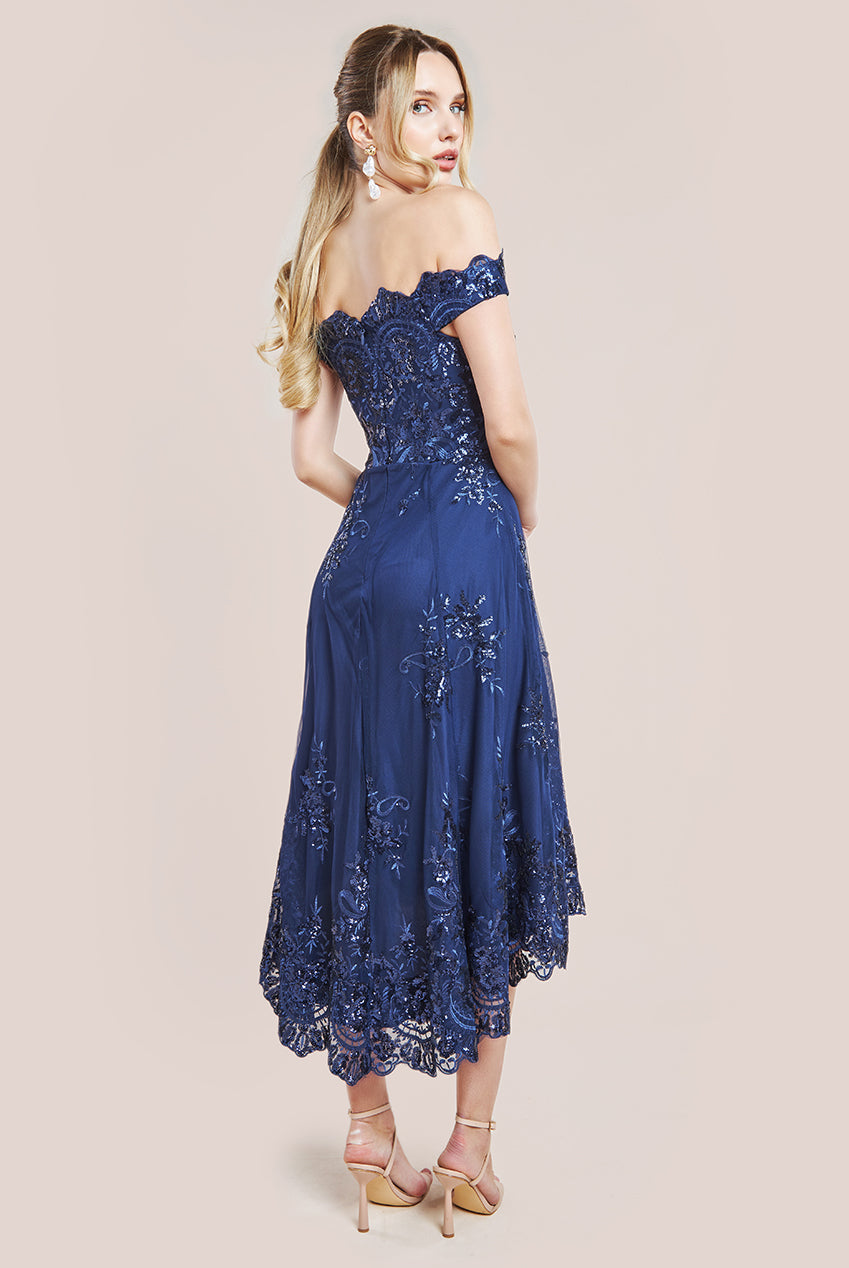 Bardot Sequin & Lace High Low Midi - Navy DR3675