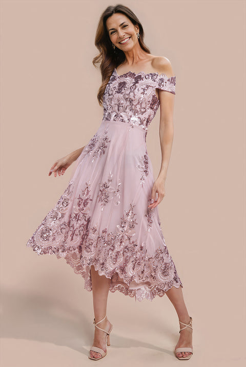 Bardot Sequin & Lace High Low Midi - Blush Pink by Goddiva