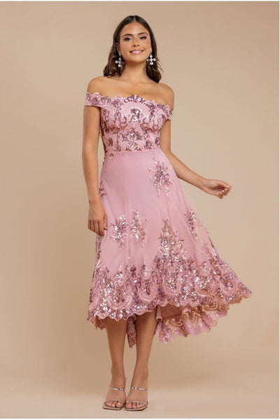 Bardot Sequin & Lace High Low Midi - Blush