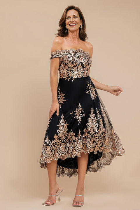 Bardot Sequin & Lace High Low Midi - Champagne by Goddiva